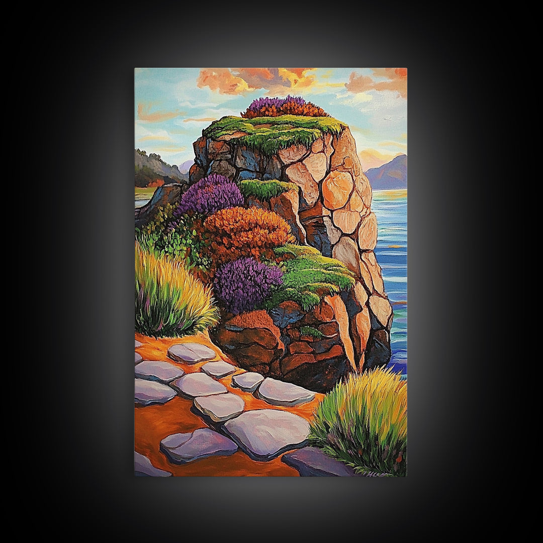 Rocky Cliff, Ocean, Wildflowers Canvas Print, Vibrant Coastal Wall Art, Hallway Nature Scene, Colorful Landscape Painting