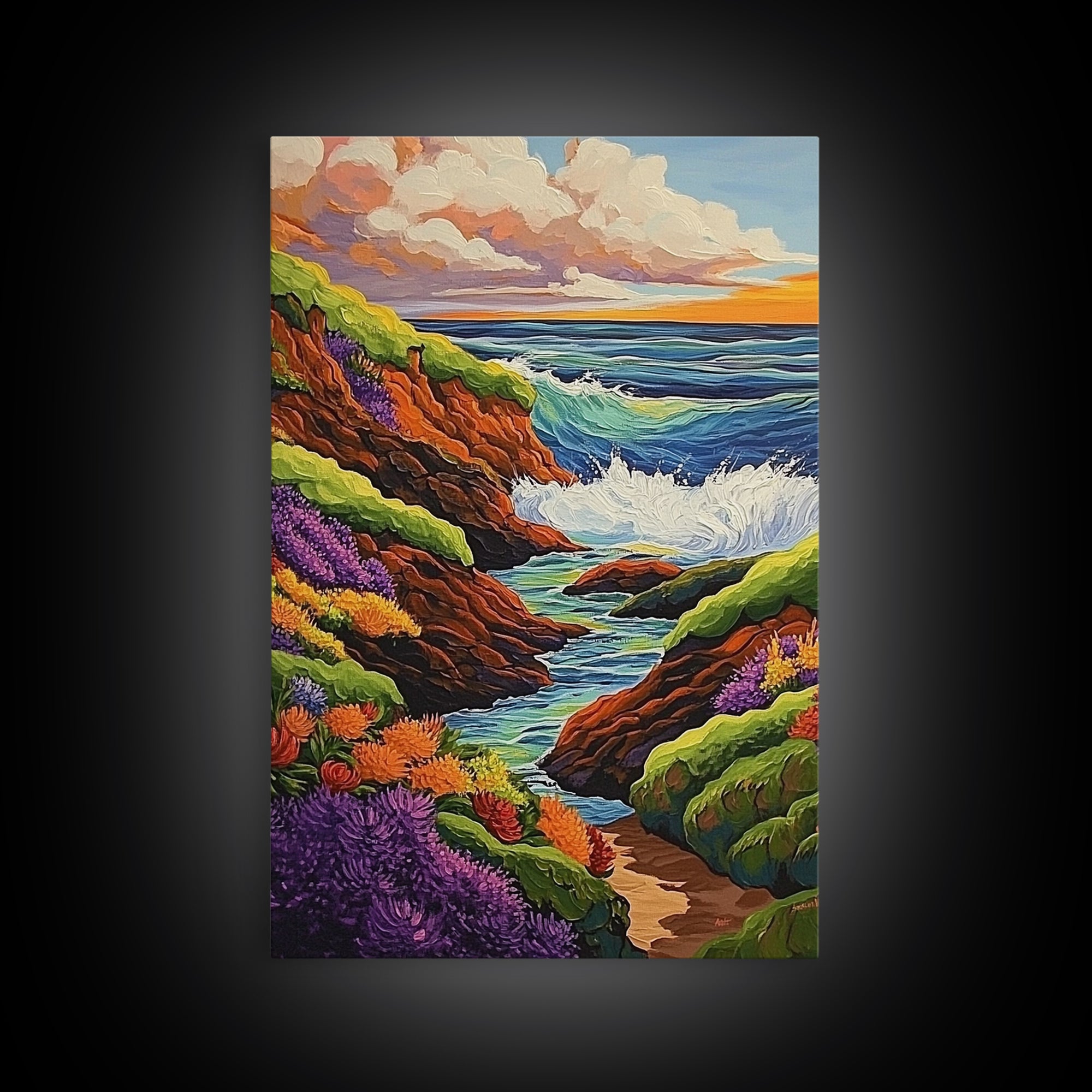 Ocean Cliffs, Wildflowers, Vibrant Coast Framed Canvas Print, Spring Beach Wall Art, Boho Living Room Decor, Bold Coastal Art