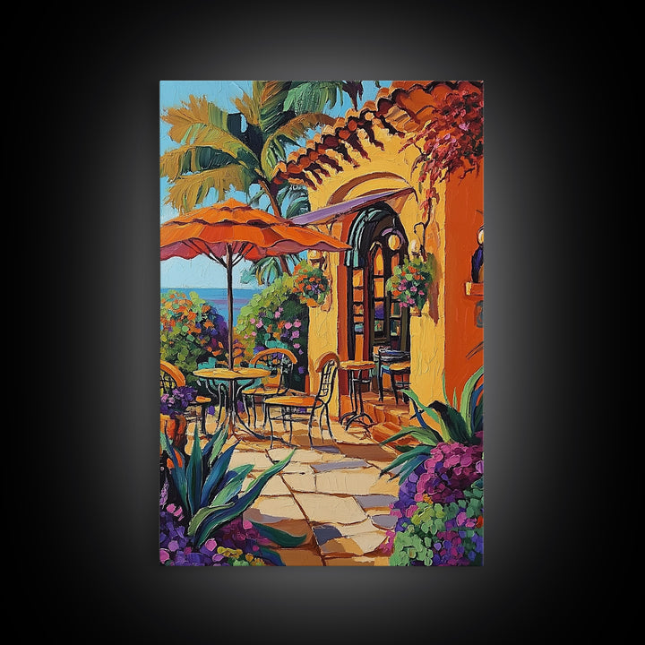 Bistro Patio, Sun, Canvas Print, Mediterranean cafe painting, kitchen wall art, outdoor charm artwork, sunny terrace decor, cozy nook print