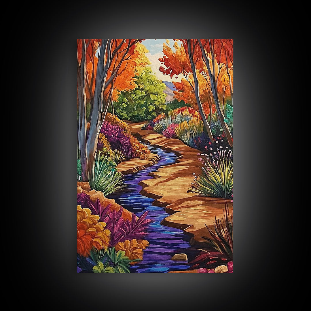 Autumn Forest, Stream, Pathway, Framed Canvas Print, Fall Nature Wall Art, Cozy Cabin Decor, Boho Living Room Landscape Artwork