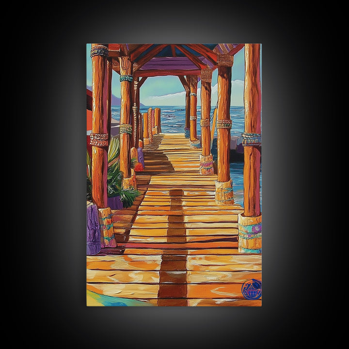 Dock Ocean, Pier, Sunset, Framed Canvas Print, Nautical Coastal Wall Art, Beach House Entryway Decor, Rustic Seaside Living Room