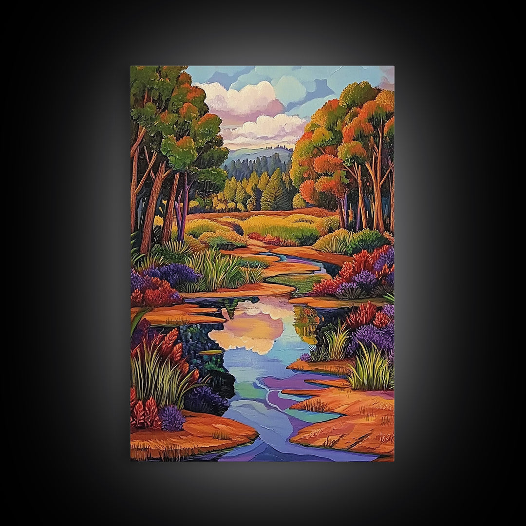 Autumn Trees, Reflection, Canvas Print, Fall forest scene, living room art, nature inspired decor, woodland painting, cozy autumn vibes