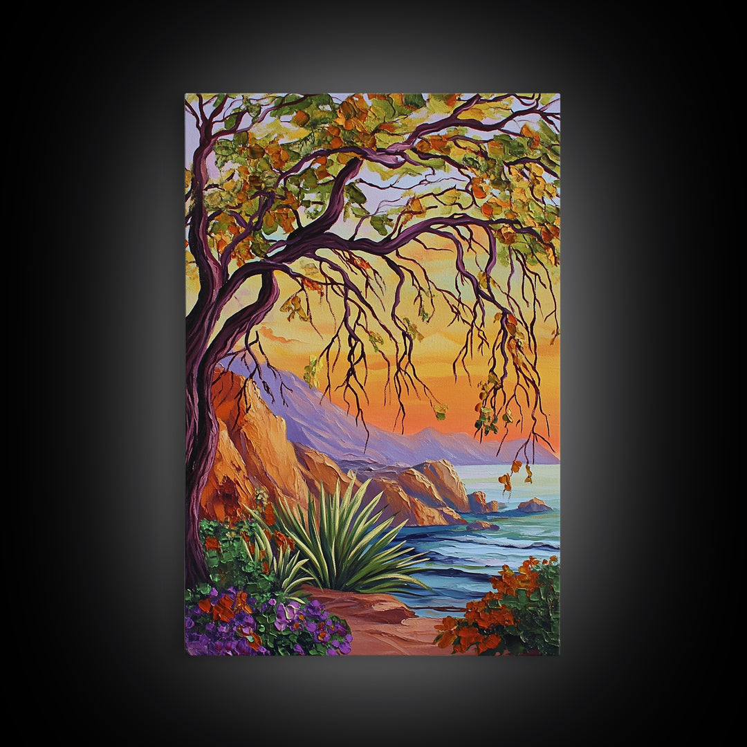 Coastal Tree View, Ocean Cliff Art, Sunset Seascape Painting, Nature Wall Decor, Framed Canvas Print, Hallway Wall Art, beach house art