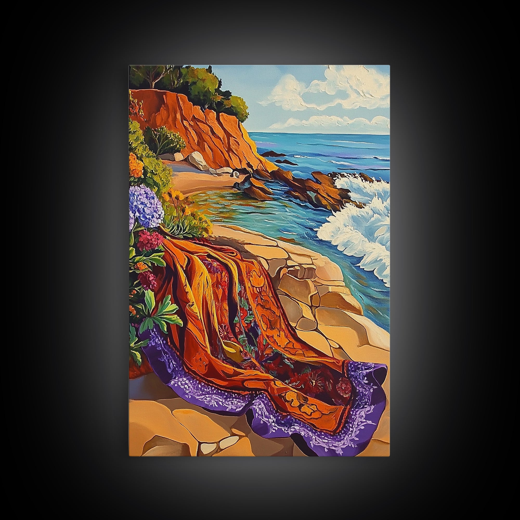 Ocean Blanket, Coast, Framed Canvas Print, Coastal boho art, beach blanket painting, vibrant seashore scene, bedroom wall art, summer vibes
