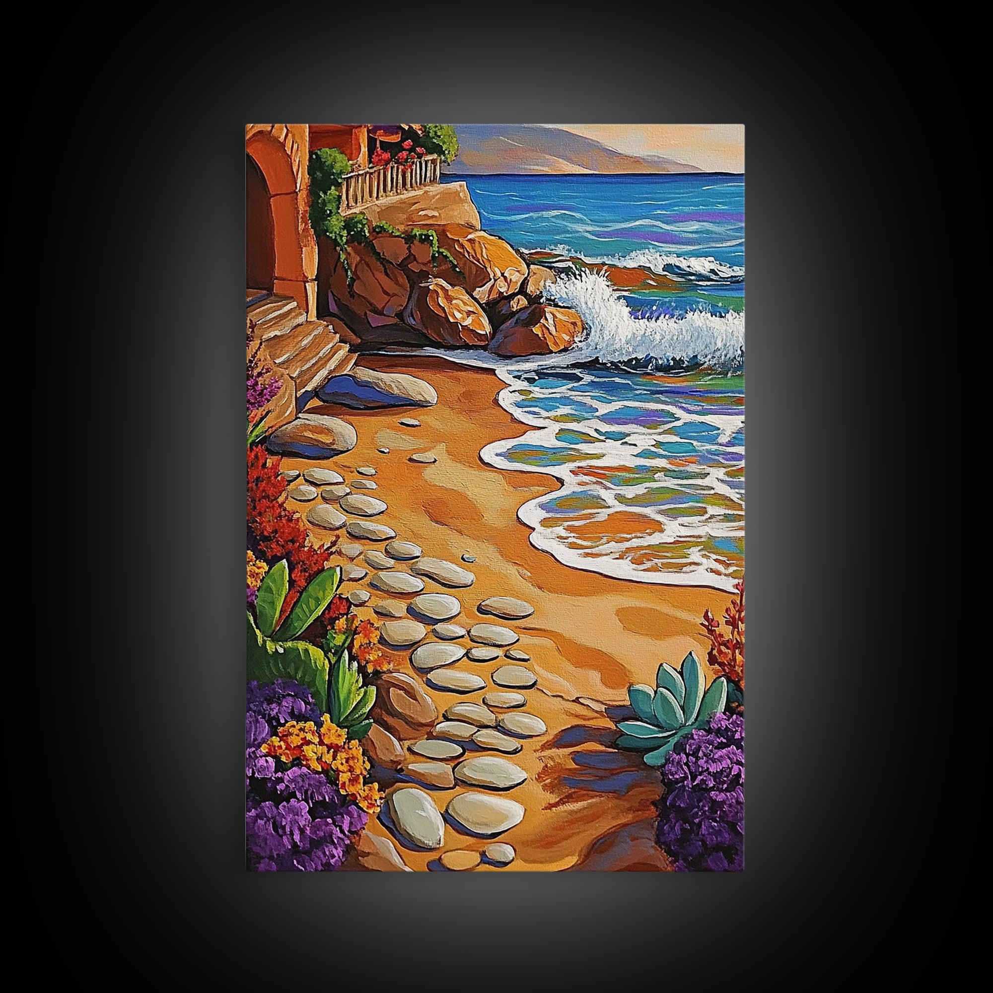 Coastal Path, Beach Steps, Ocean View, Canvas Print, tropical art, relaxing decor, vibrant seascape, Bathroom Wall Art