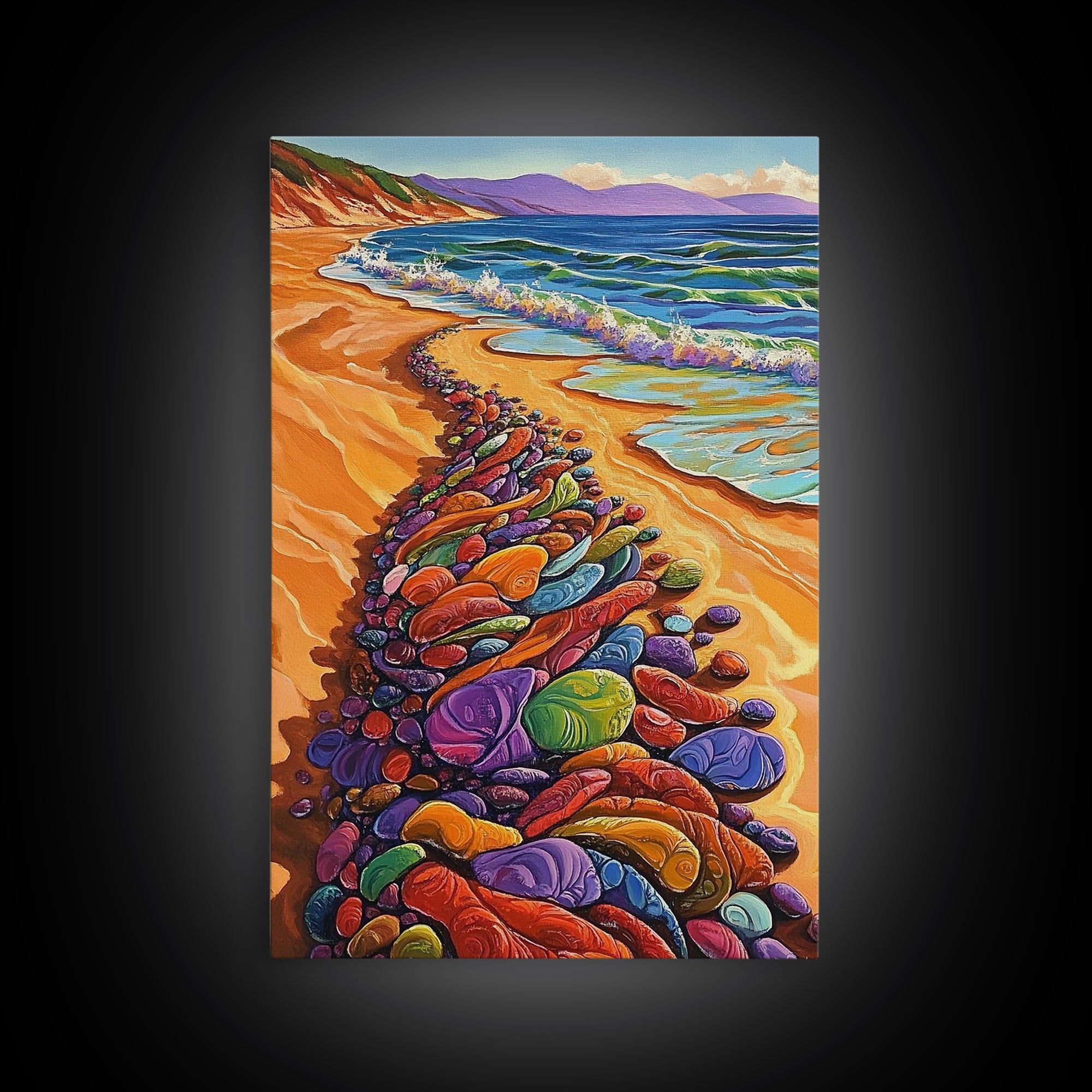 Colorful Rocks, Coastal Art, Vibrant Beach, Framed Canvas Print, nature-inspired painting, whimsical art, Hallway Wall Art