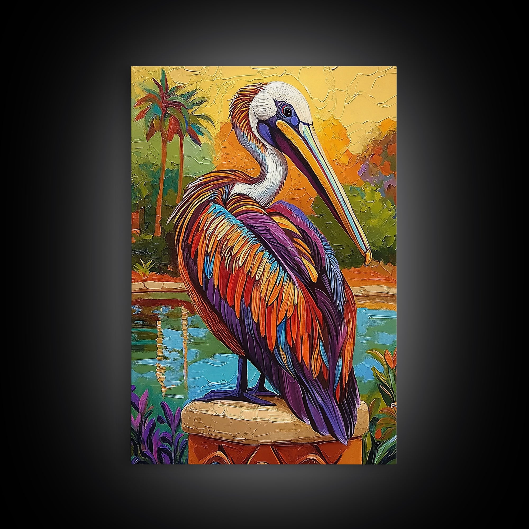 Pelican Portrait, Coastal Bird, Tropical Scene, Canvas Print, beach house decor, boho coastal art, Wildlife Painting, Living Room Wall Art