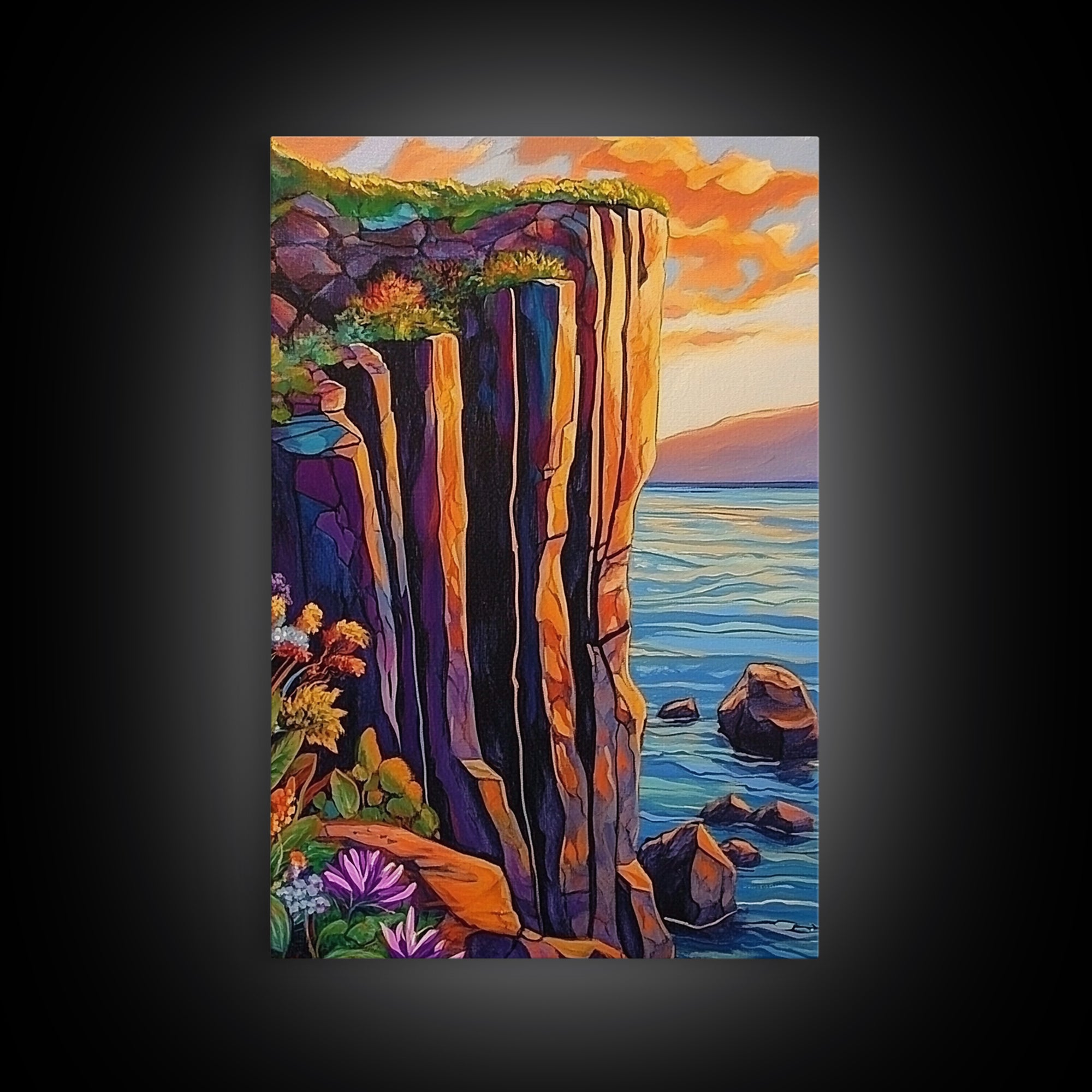 Cliff Sunset, Sea, Canvas Print, Bold coastal wall art, rocky cliff painting, dramatic sunset scene, office or den decor, nature inspired art