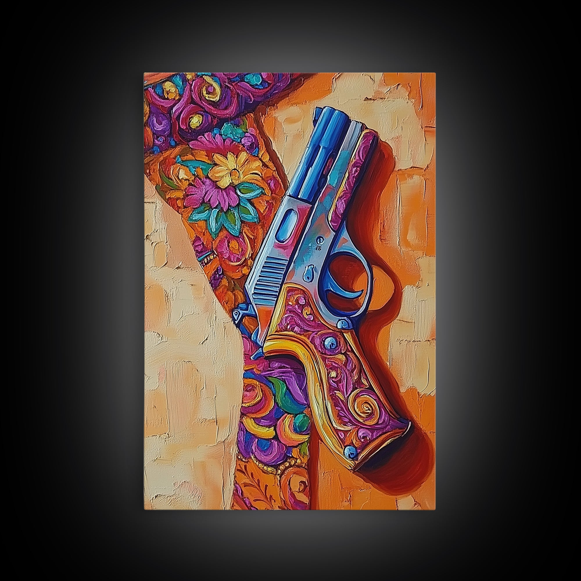 Bold Gun Art, Floral Pistol, Vibrant Western, Pop Art, Framed Canvas Print, Man Cave Wall Art, boho western decor, edgy wall art