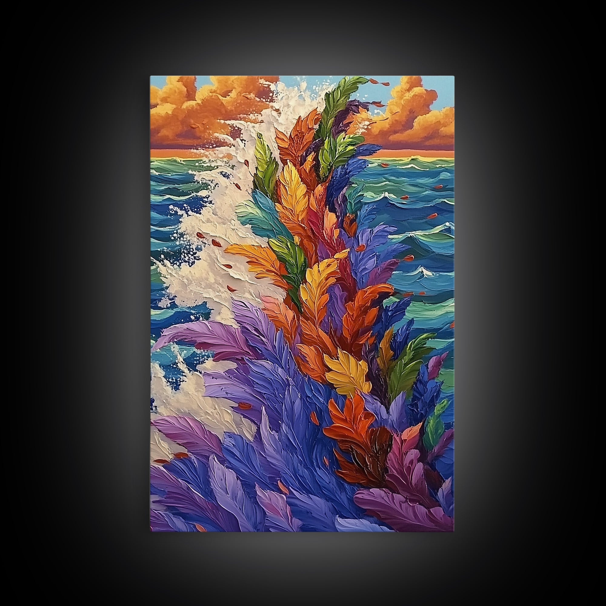 Ocean Feathers, Splash Art, Bright Abstract, Color Burst, Framed Canvas Print, Living Room Wall Art, modern tropical art, bold color