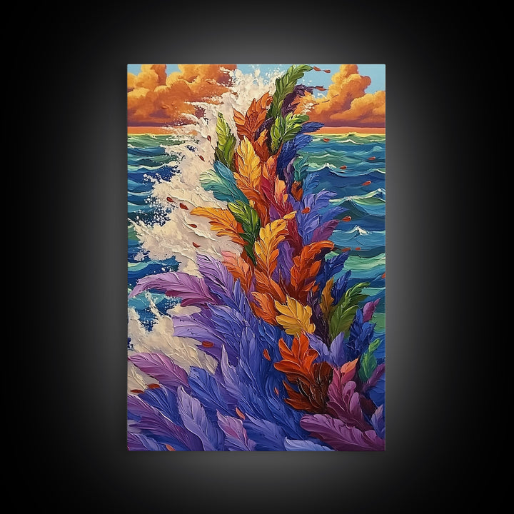Ocean Feathers, Splash Art, Bright Abstract, Color Burst, Framed Canvas Print, Living Room Wall Art, modern tropical art, bold color