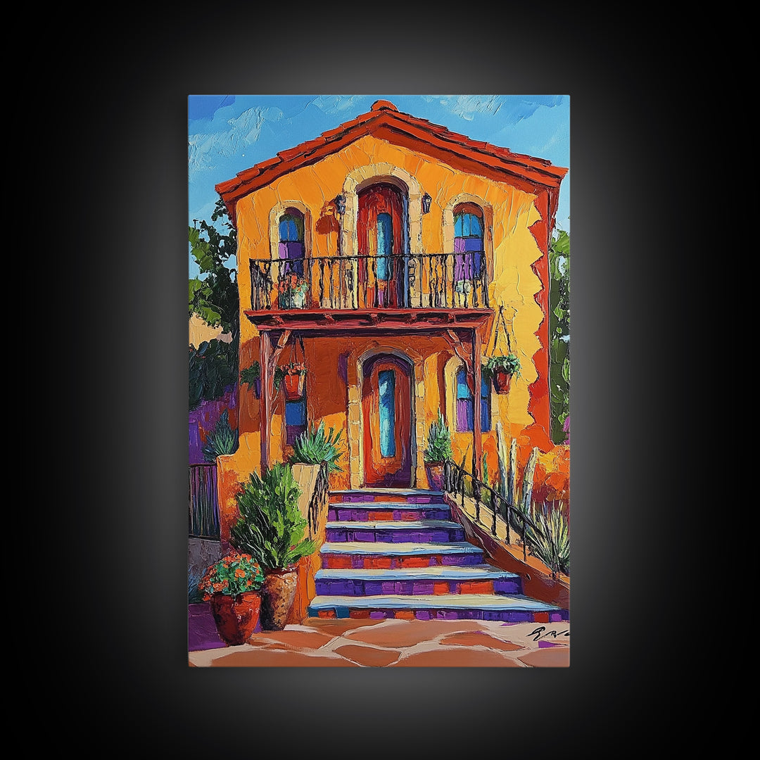 Adobe House, Vibrant Southwest, Fall Architecture Wall Art, Canvas Print, Rustic Staircase Scene, Boho Living Room Decor, Warm Entryway Art