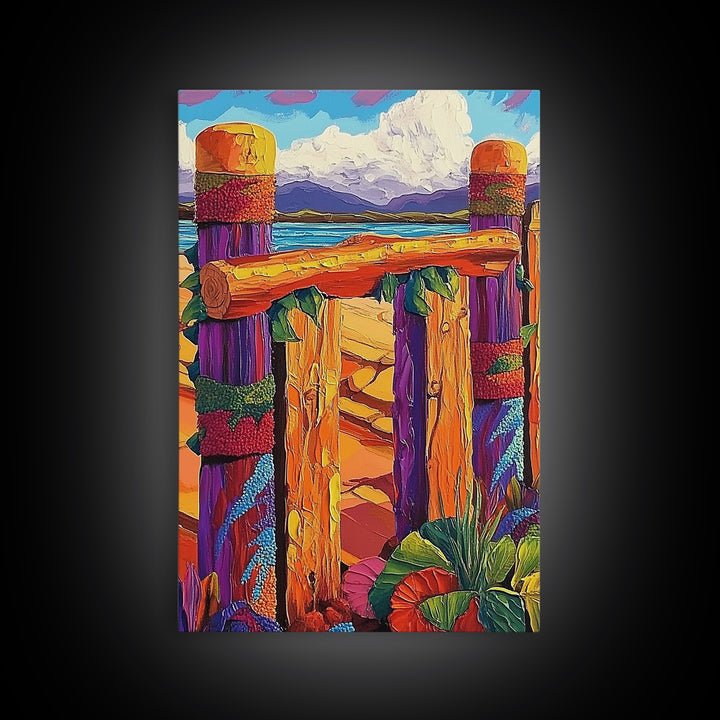 Coastal Fence, Sunset Vibes, Colorful Beach, Ocean Breeze, Framed Canvas Print, Beach House Wall Art, Vibrant Seascape, Tropical Boho Art