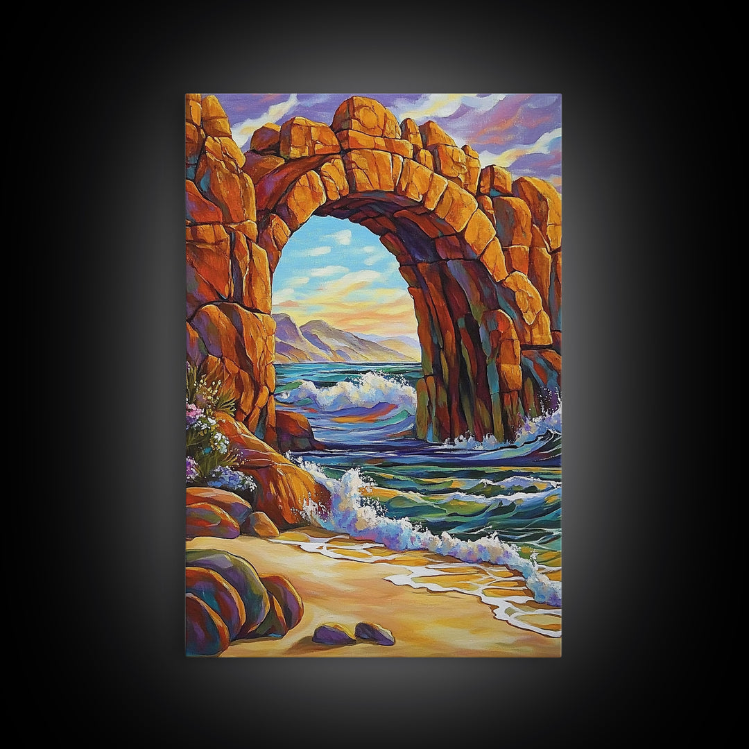 Ocean Arch, Wave Drama, Cliff Coast, Sunset Light, Framed Canvas Print, Living Room Wall Art, Coastal Landscape, Nature Inspired Art