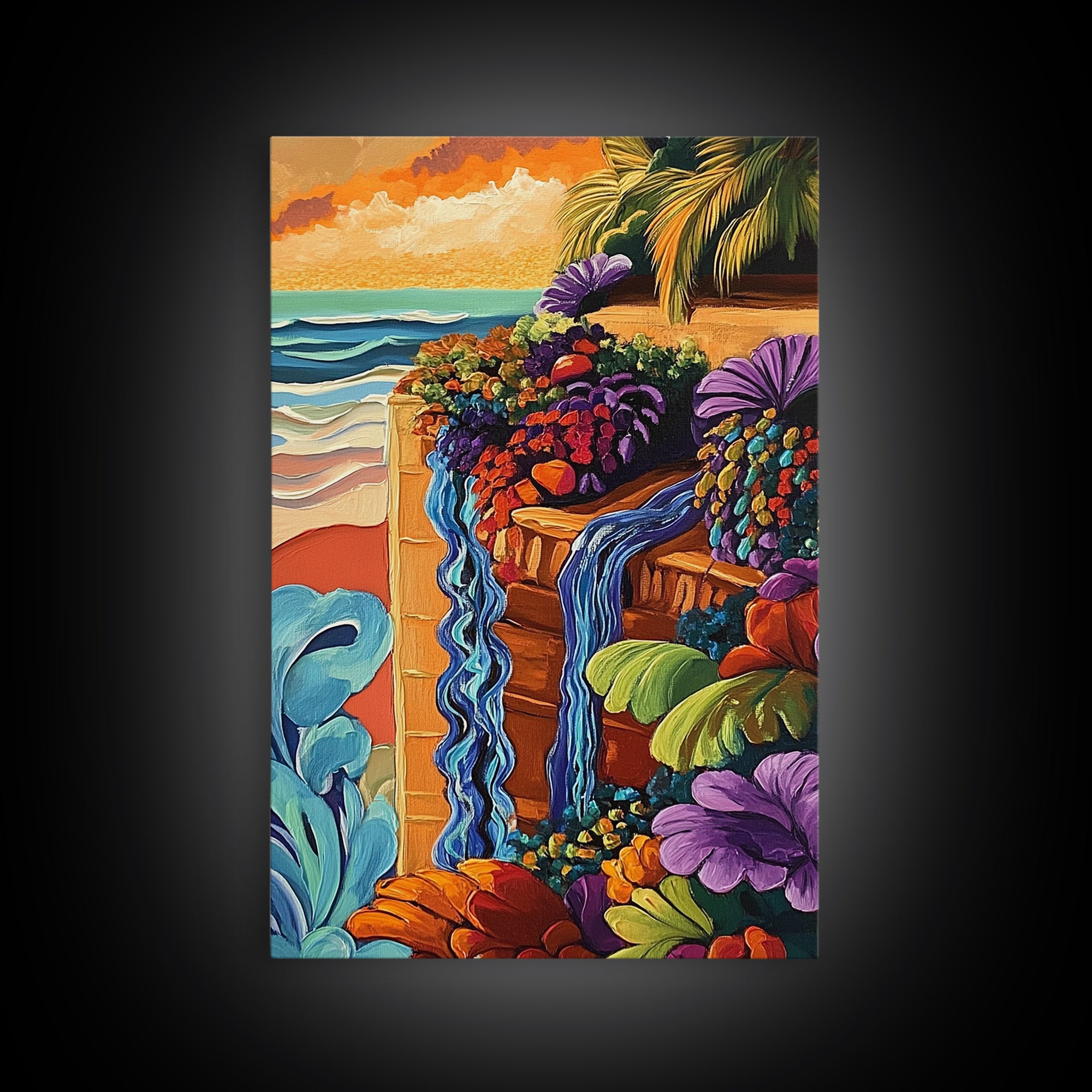 Tropical Garden Waterfall, Coastal Wall Art, Sunset Jungle Scene, Framed Canvas Print, Vibrant Nature Painting, Living Room Boho Art