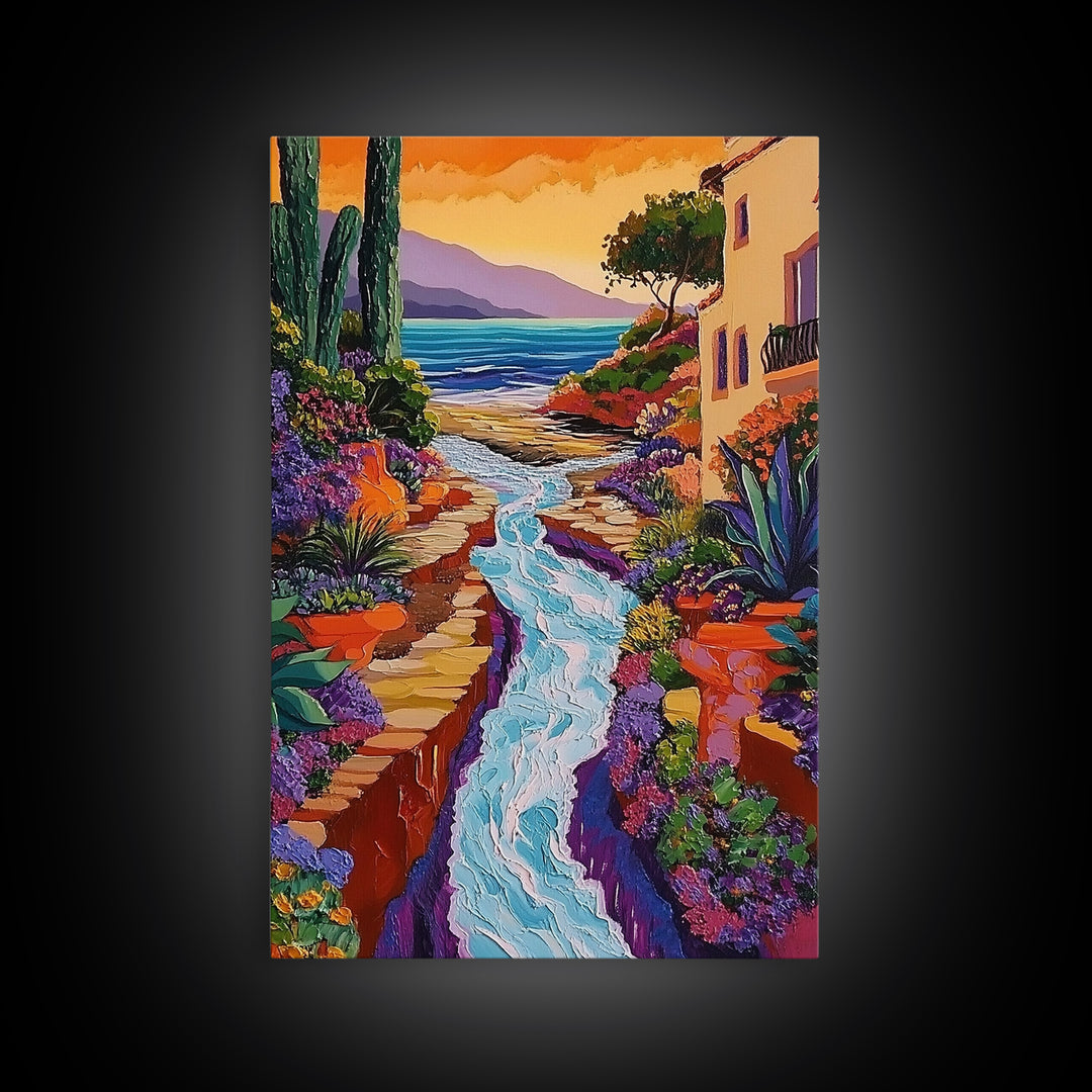 Coastal Pathway Stream, Sunset Cactus Art, Vibrant Garden Trail, Canvas Print, Mediterranean Landscape, Kitchen Wall Decor, Boho Art