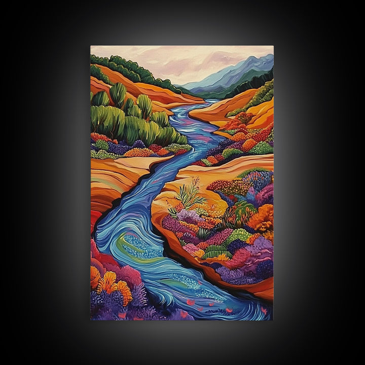 Autumn River Valley, Floral Hillside Art, Bright Fall Landscape, Framed Canvas Print, Seasonal Wall Decor, Living Room Autumn Art