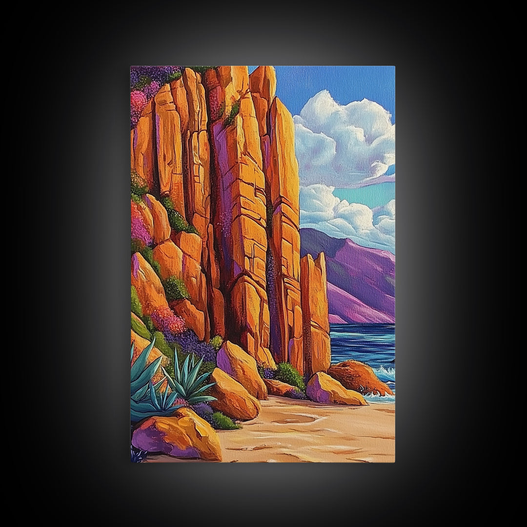 Desert Cliffs and Sea, Coastal Rock Formation, Vibrant Shoreline Scene, Canvas Print, Living Room Wall Art, Bold Nature Painting