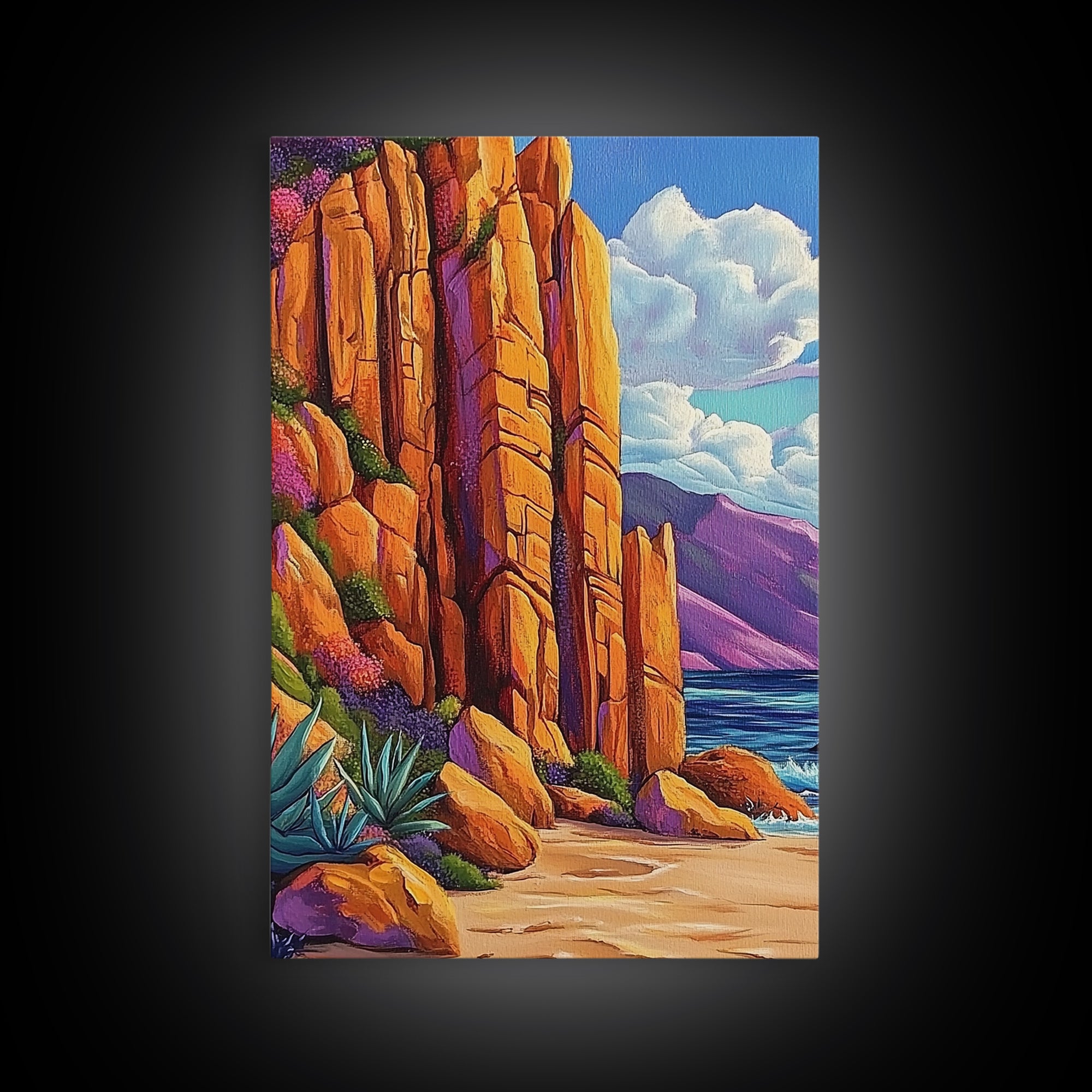 Desert Cliffs and Sea, Coastal Rock Formation, Vibrant Shoreline Scene, Canvas Print, Living Room Wall Art, Bold Nature Painting