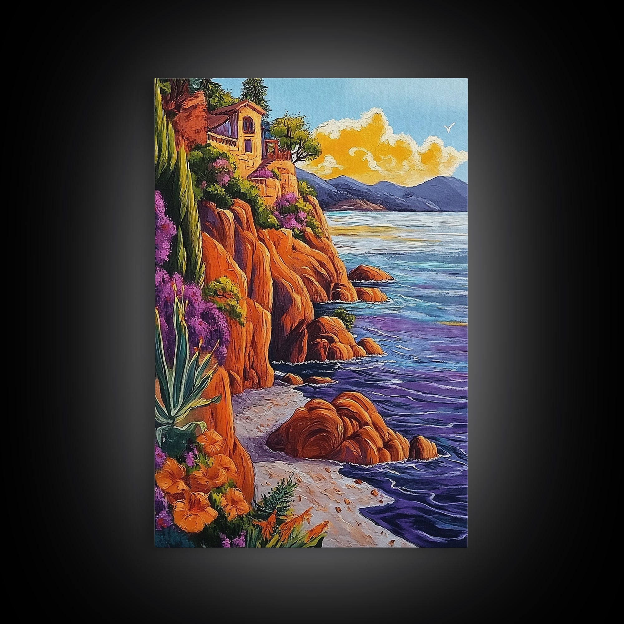 Ocean Cliffside Villa, Seaside Sunset Art, Purple Water Shoreline, Canvas Print, Kitchen Wall Art, Vibrant Mediterranean Landscape
