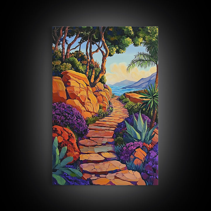 Coastal Trail, Vibrant Path, Tropical Landscape, Nature Art, Sunset Vibes, Living Room Wall Art, Canvas Print, Boho Chic Decor