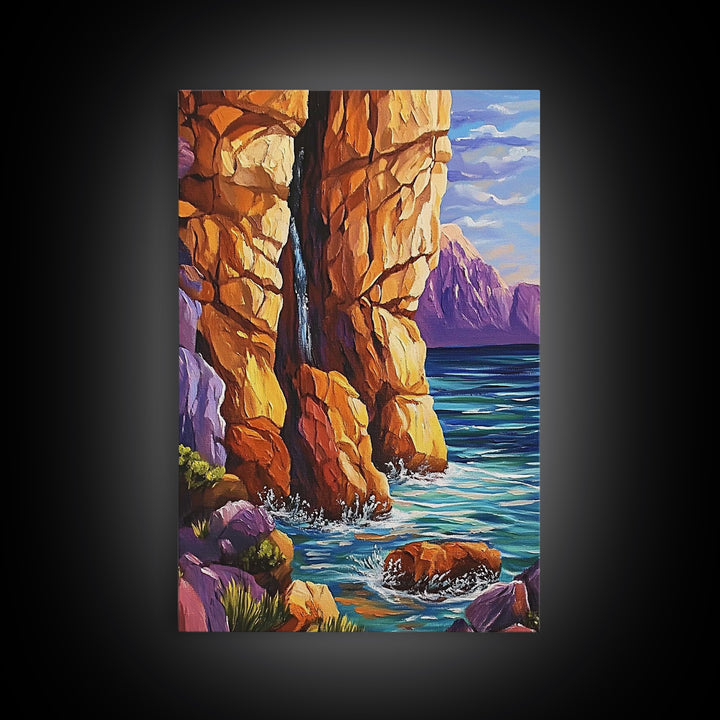 Canyon Waterfall, Ocean Cliffs, Nature Escape, Rugged Landscape, Fall Season Decor, Living Room Wall Art, Framed Canvas Print