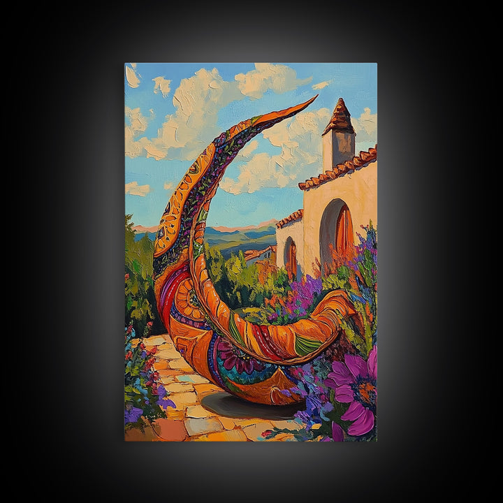 Crescent Sculpture, Sunset Courtyard, Boho Garden Art, Vibrant Southwest Style, Outdoor Decor, Framed Canvas Print, Patio Wall Art