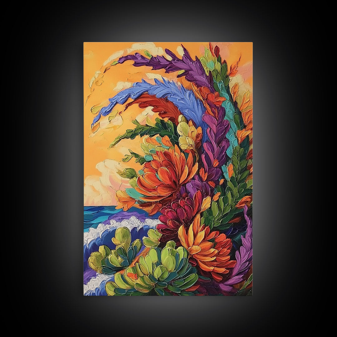 Abstract Florals, Bold Beach Scene, Coastal Flower Art, Vibrant Wall Accent, Kitchen Wall Art, Boho Style, Canvas Print, Sunset Tones