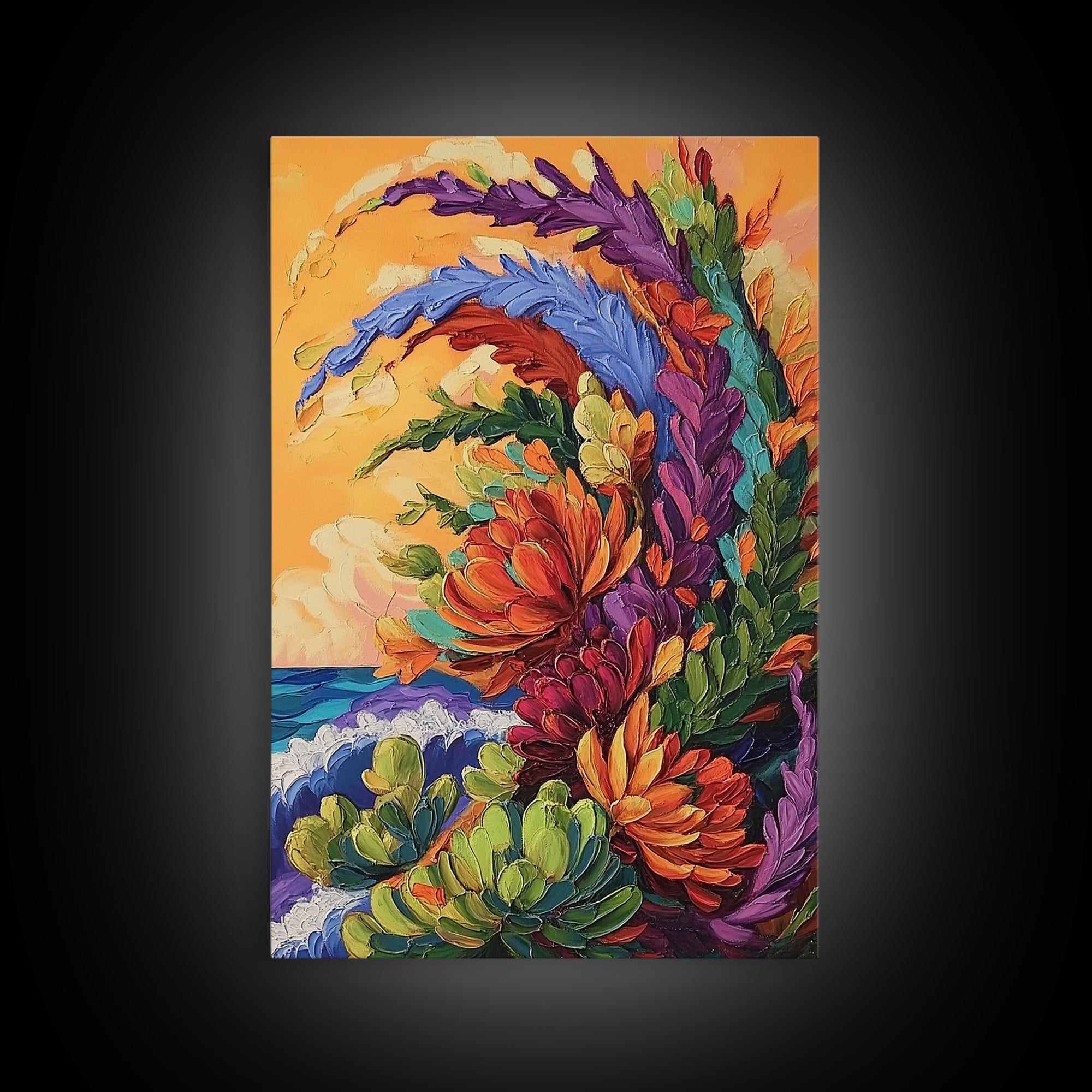 Abstract Florals, Bold Beach Scene, Coastal Flower Art, Vibrant Wall Accent, Kitchen Wall Art, Boho Style, Canvas Print, Sunset Tones