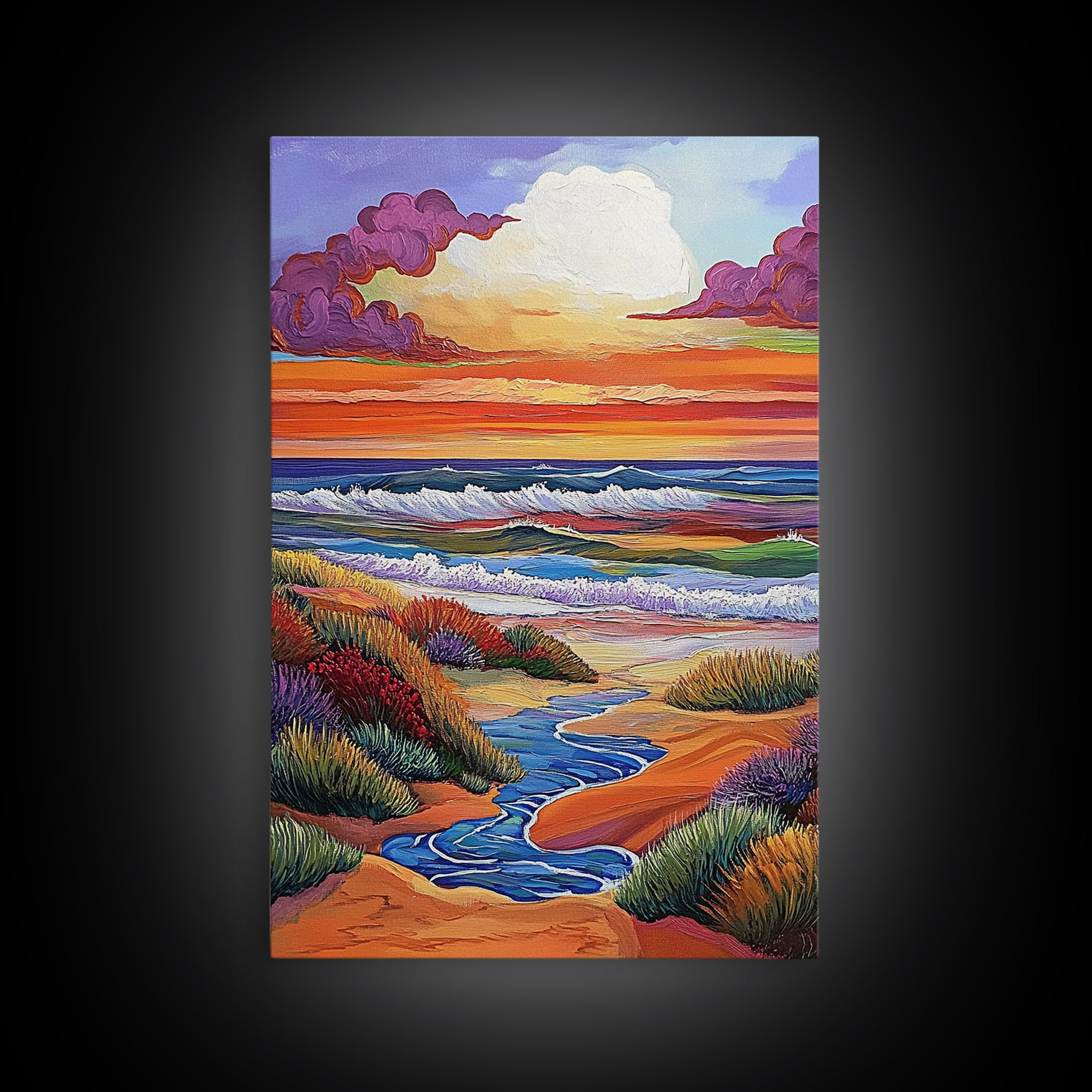 Coastal Sunset, Rolling Waves, Vibrant Beachscape, Boho Ocean Scene, Living Room Wall Art, Seaside Decor, Framed Canvas Print