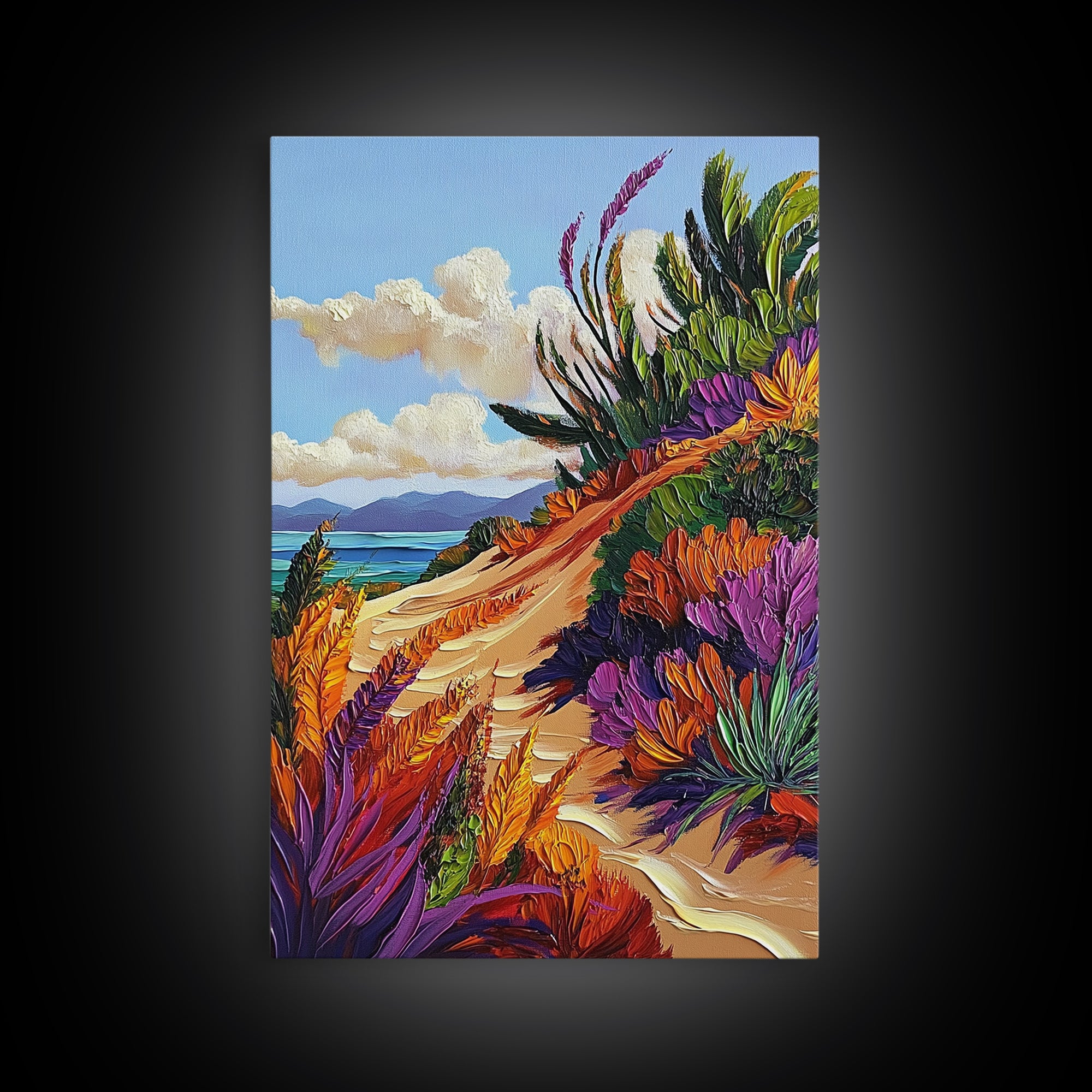 Ocean Cliff Path, Colorful Flora, Coastal Desert View, Summer Breeze Art, Beach House Wall Art, Canvas Print, Boho Nature Style