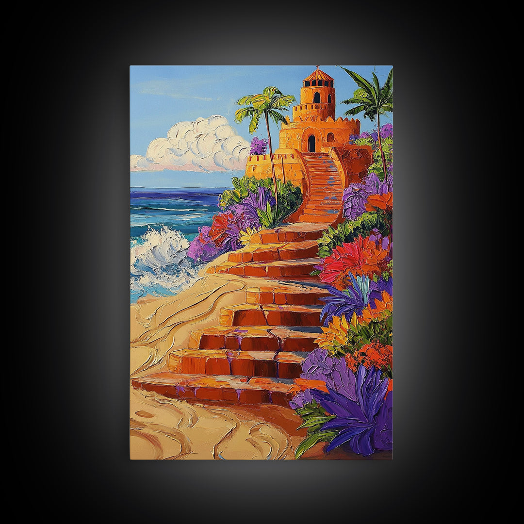 Coastal Castle, Vibrant Tropics, Seaside Fantasy Art, Bold Beach Decor, Playful Wall Accent, Framed Canvas Print, Tropical Style Room