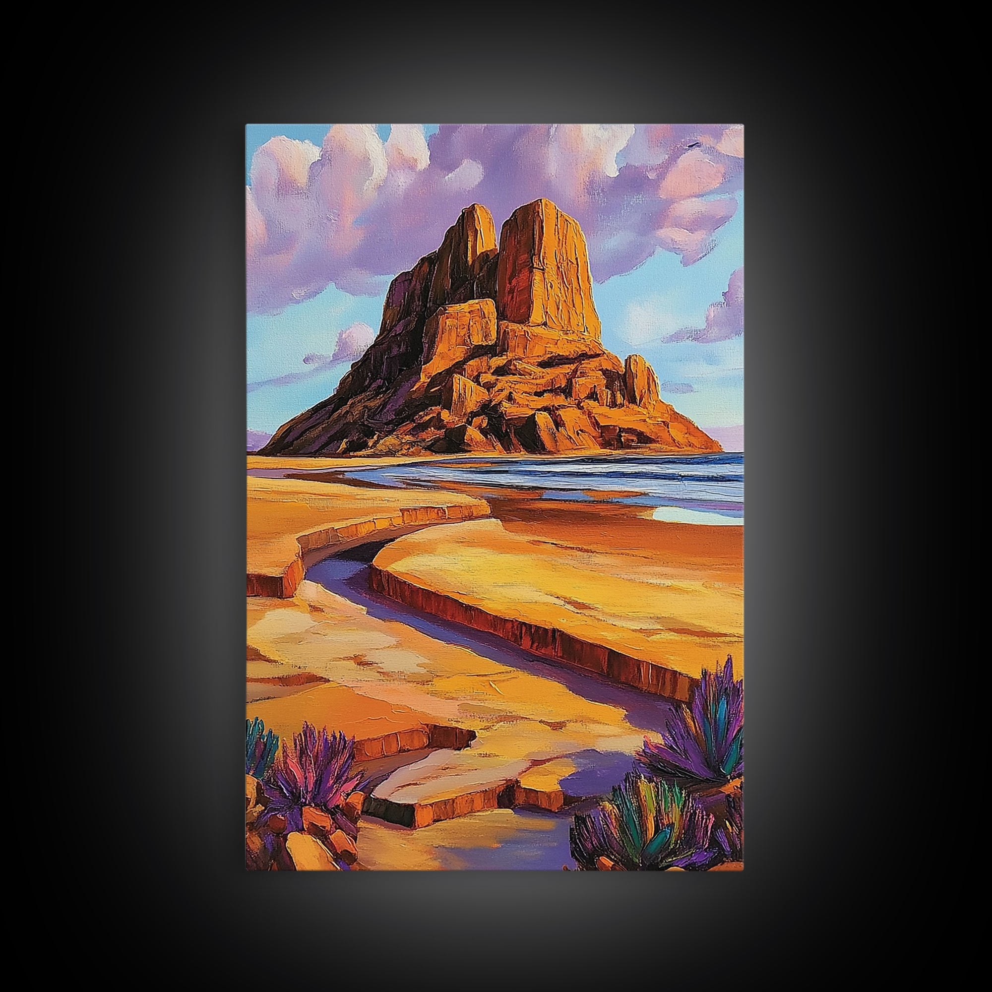Desert Monolith, Canyon Rock, Purple Sky, Southwest Vibes, Framed Canvas Print, Boho Wall Art, Desert Landscape, Office Wall Decor