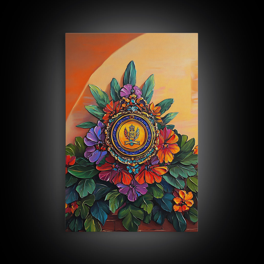 Royal Crest, Floral Emblem, Mediterranean Decor, Vibrant Details, Framed Canvas Print, Kitchen Wall Art, Spanish Wall Art, Regal Vibe