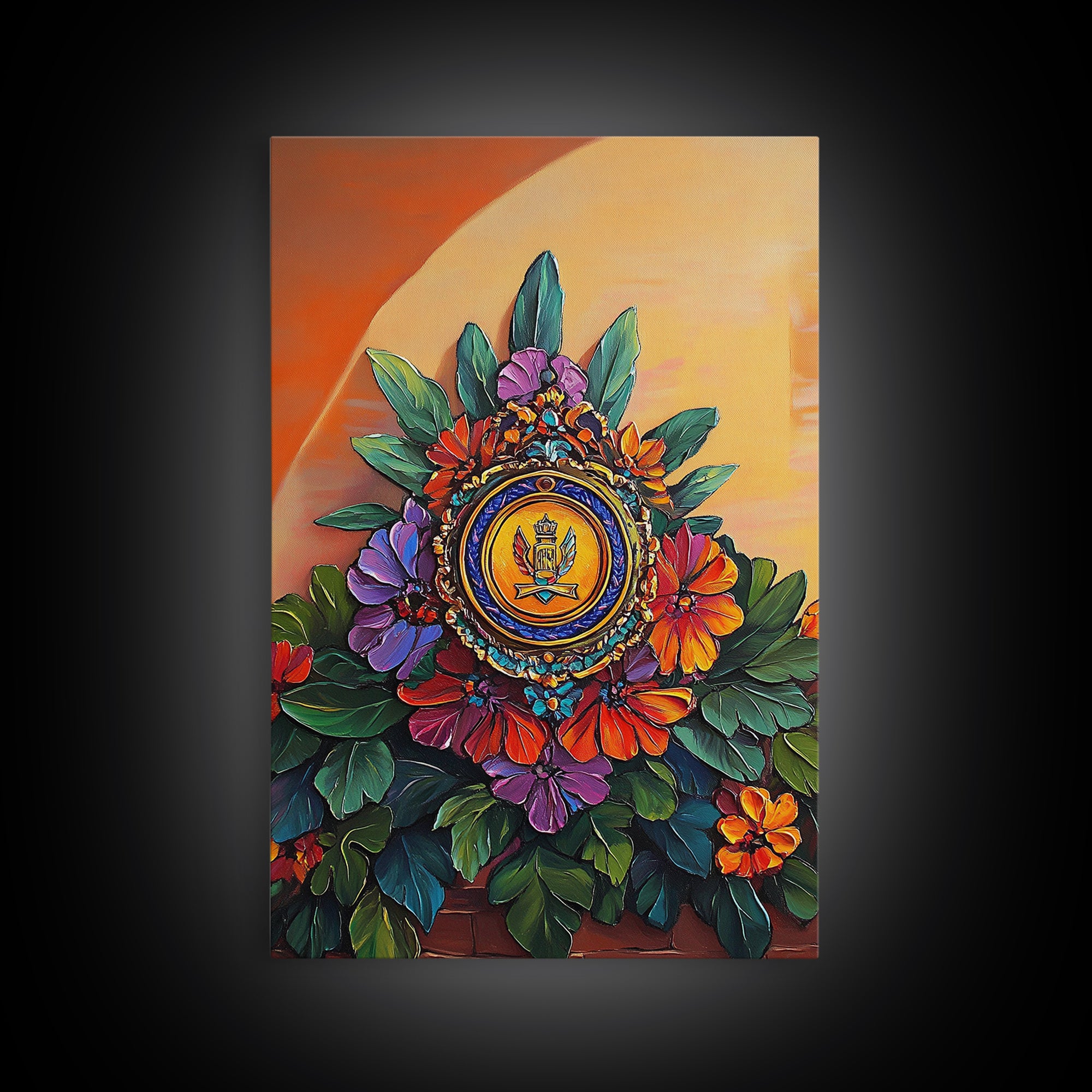 Royal Crest, Floral Emblem, Mediterranean Decor, Vibrant Details, Framed Canvas Print, Kitchen Wall Art, Spanish Wall Art, Regal Vibe