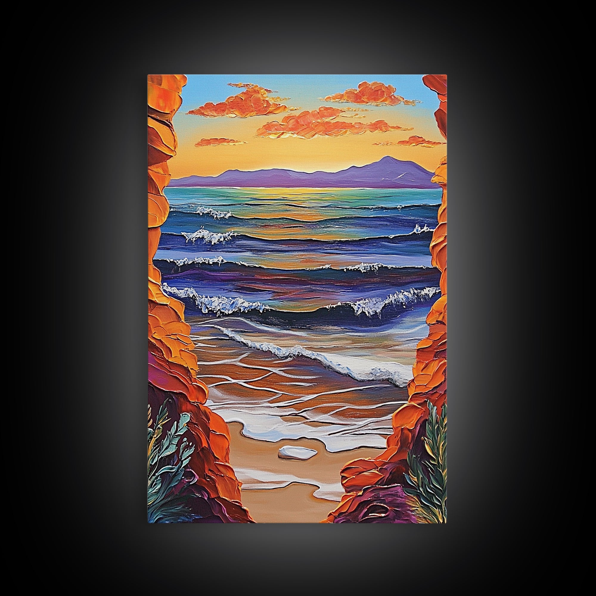Ocean Horizon, Cliffside View, Sunset Waves, Peaceful Seascape, Framed Canvas Print, Living Room Wall Art, Beach Window View