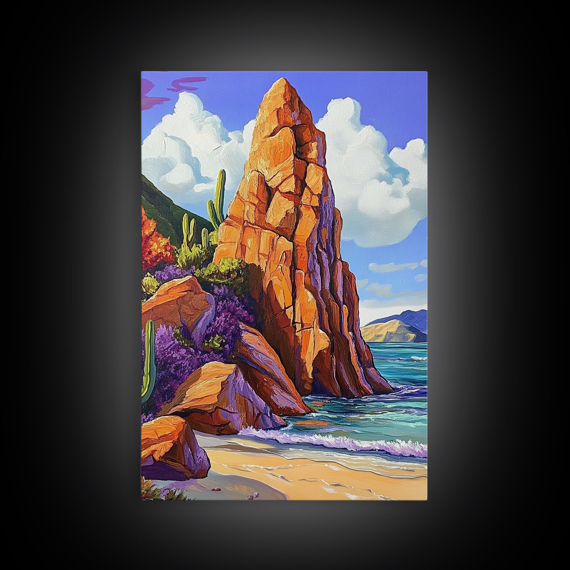Rocky Spire, Cactus Landscape, Desert Coastline, Nature Escape, Framed Canvas Print, Western Wall Art, Adventure Travel Aesthetic