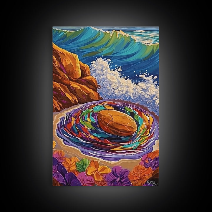 Ocean Spiral Stones, Coastal Zen Art, Sea Energy Waves, Framed Canvas Print, Boho Beach Wall Art, Meditation Room Decor, Nature Spiritual Art