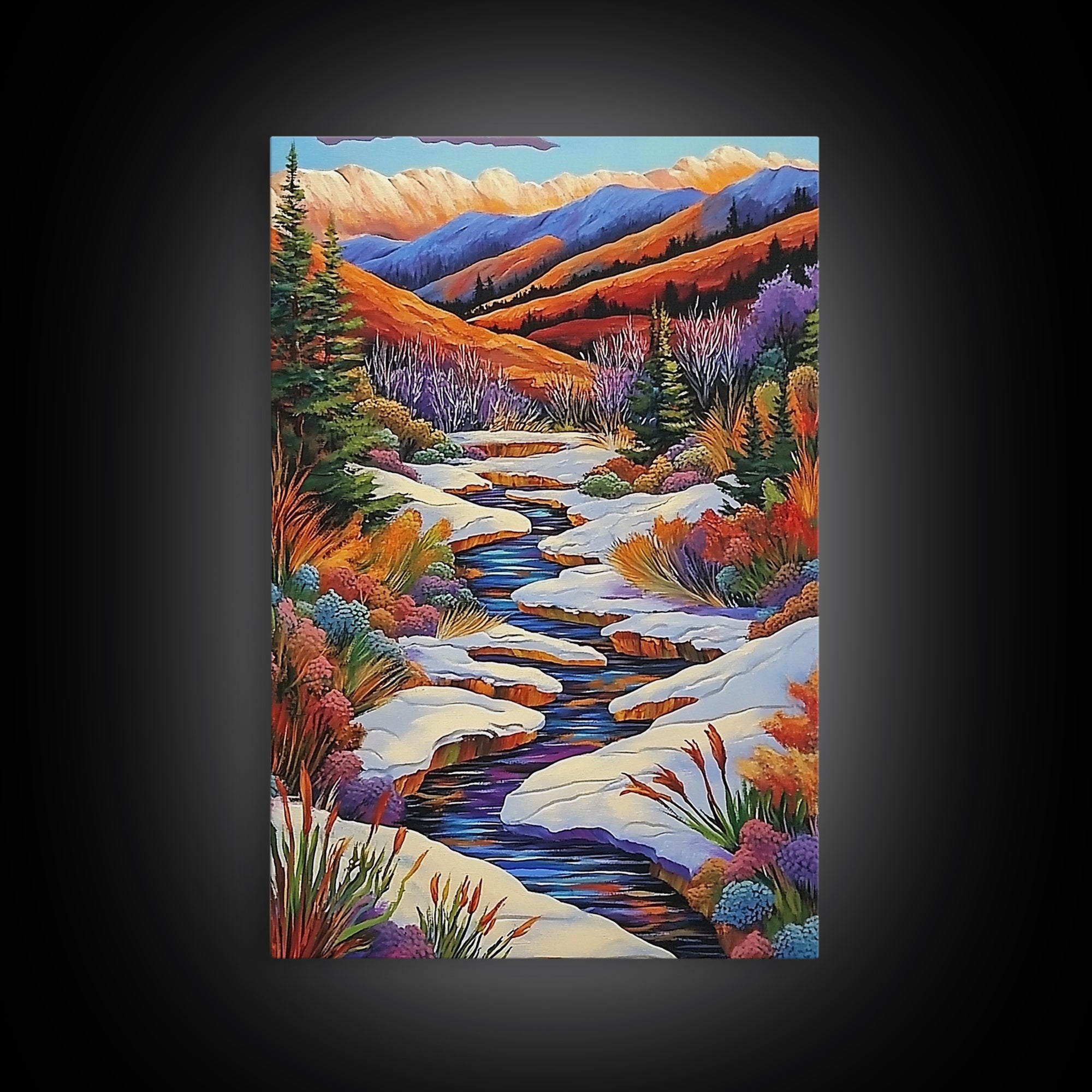 Autumn Snow Creek, Mountain Fall Scene, Nature River Painting, Framed Canvas Print, Cozy Living Room Wall Art, Rustic Cabin Style