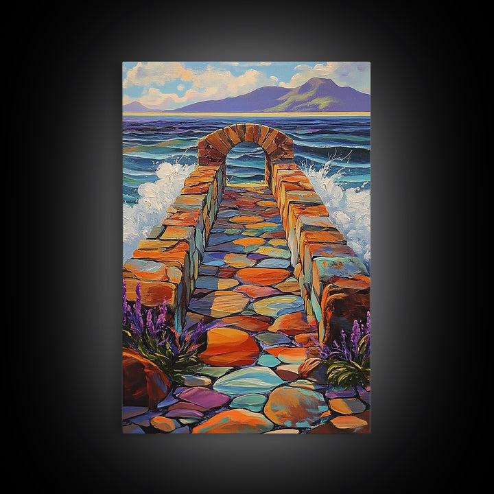 Ocean Stone Path Painting, Canvas Print, Coastal entryway art, vibrant beach decor, boho landscape print, nautical wall piece
