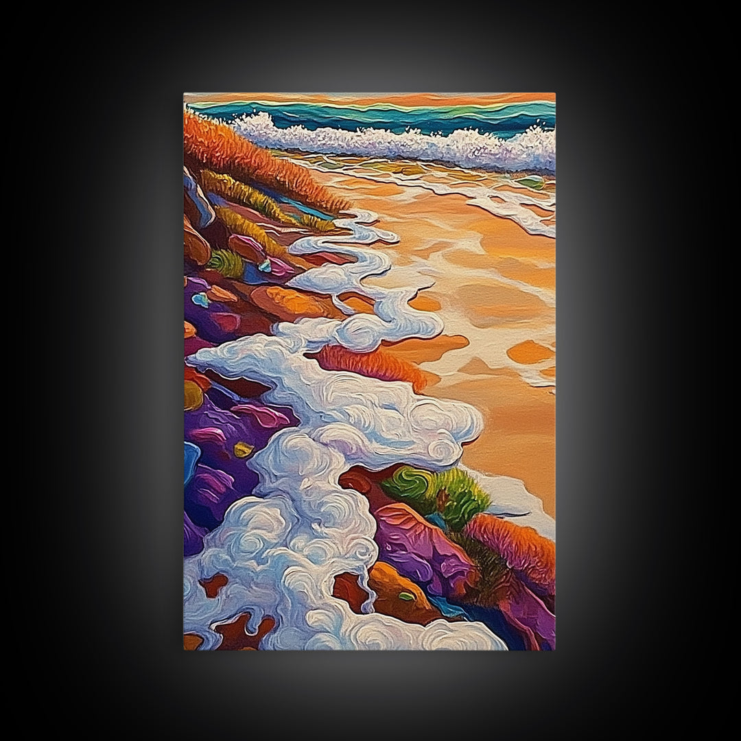 Ocean Shore Foam, Abstract Beach Scene, Coastal Texture Art, Framed Canvas Print, Summer Bathroom Wall Art, Vibrant Seaside Style