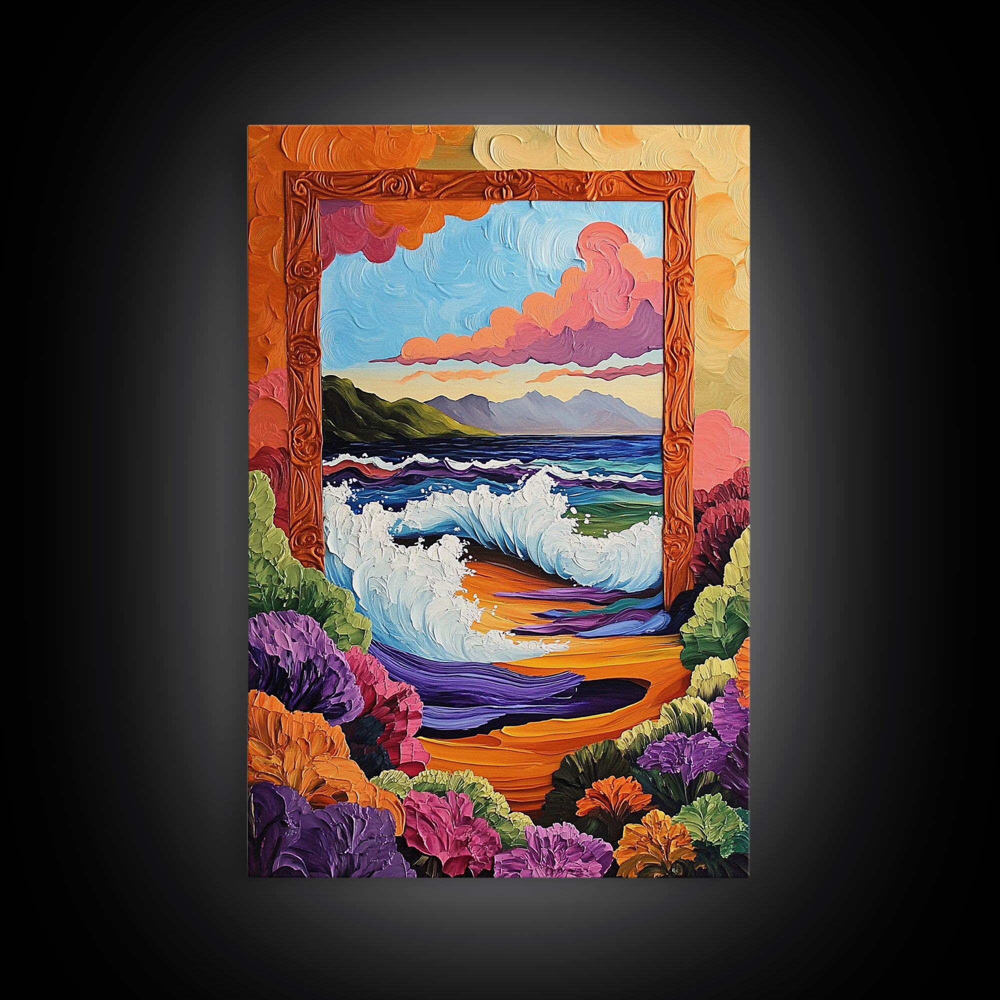 Ocean Frame, Crashing Waves, Surreal Seascape, Floral Shoreline, Framed Canvas Print, Coastal Wall Art, Bathroom Decor, Dreamy Beach Art