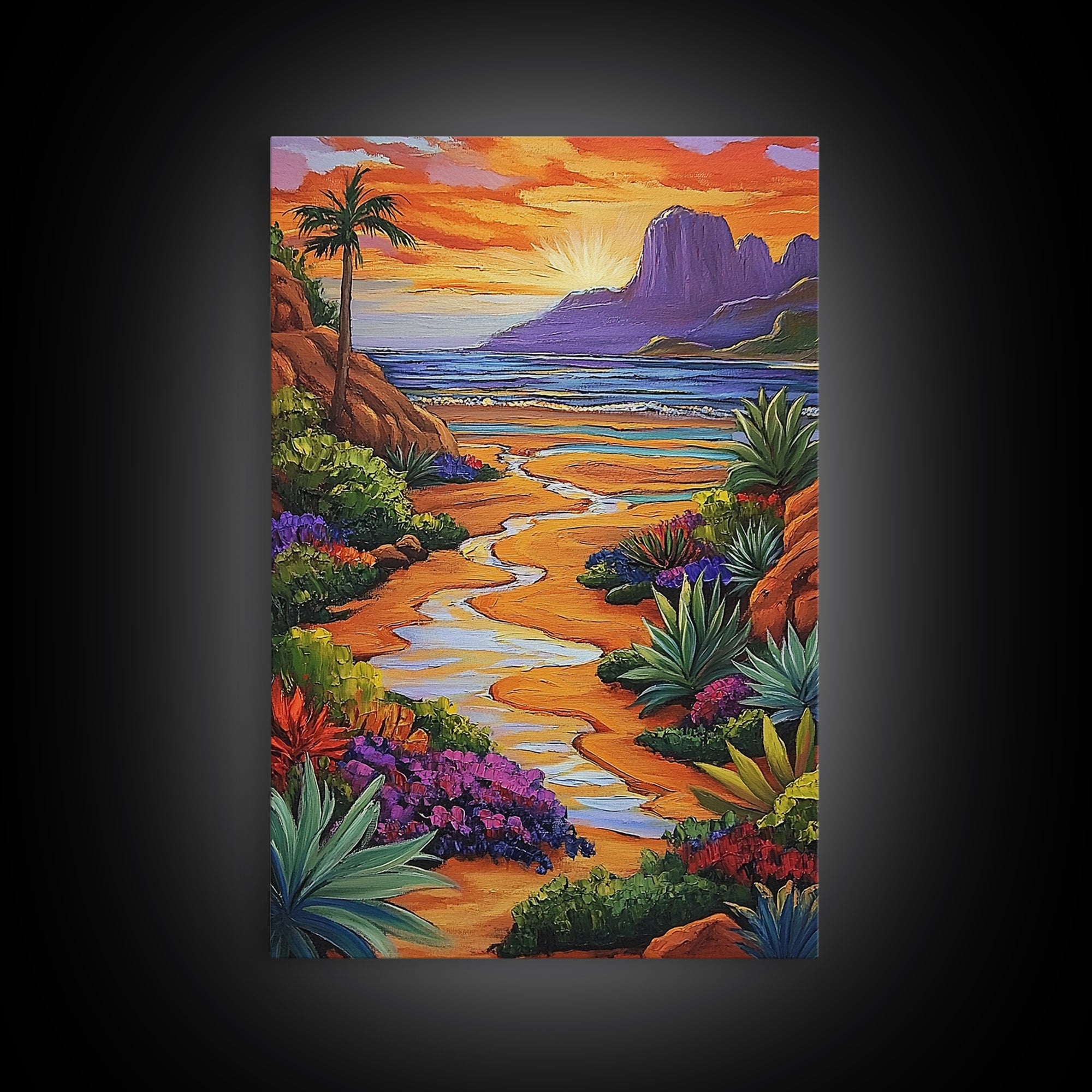 Desert Beach, Mountain Sunset, Ocean Stream, Palm Tree — Framed Canvas Print vibrant landscape wall art, boho living room, beach house decor