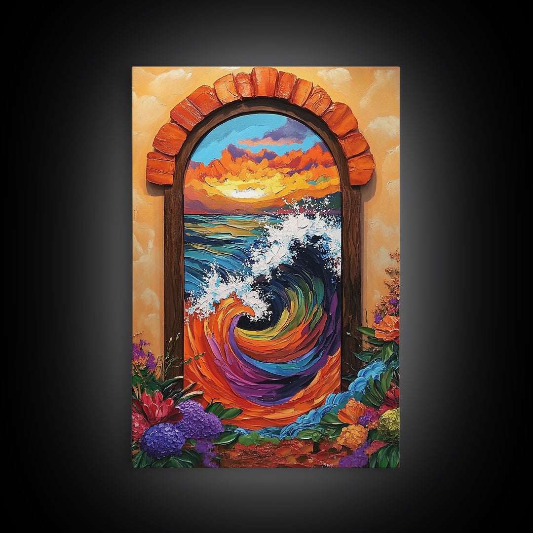 Ocean Wave Portal, Whimsical Sea Art, Sunset Coastal Decor, Framed Canvas Print, Living Room Accent, Vivid Nautical Painting