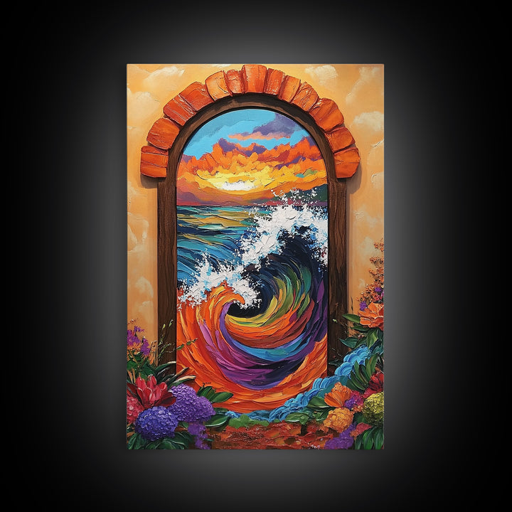 Ocean Wave Portal, Whimsical Sea Art, Sunset Coastal Decor, Framed Canvas Print, Living Room Accent, Vivid Nautical Painting
