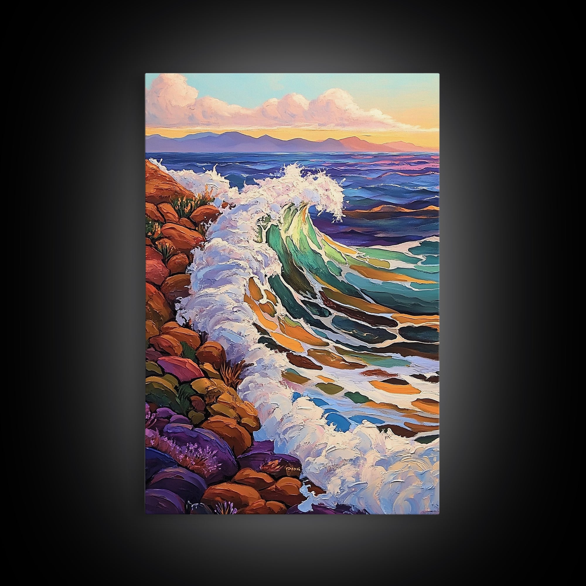 Crashing Ocean Wave, Rocky Coastline Scene, Vibrant Beach Art, Framed Canvas Print, Nature Inspired, Coastal Living Room Wall Art