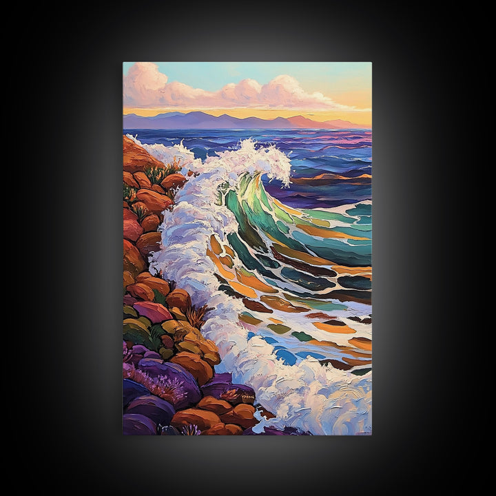 Crashing Ocean Wave, Rocky Coastline Scene, Vibrant Beach Art, Framed Canvas Print, Nature Inspired, Coastal Living Room Wall Art