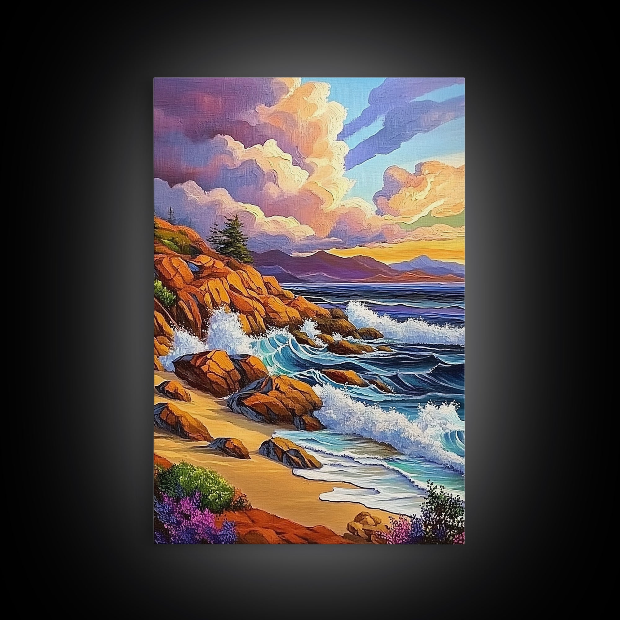 Rocky Beach Landscape, Dramatic Sky Scene, Coastal Ocean View, Canvas Print, Fall Nature Decor, Living Room Wall Art