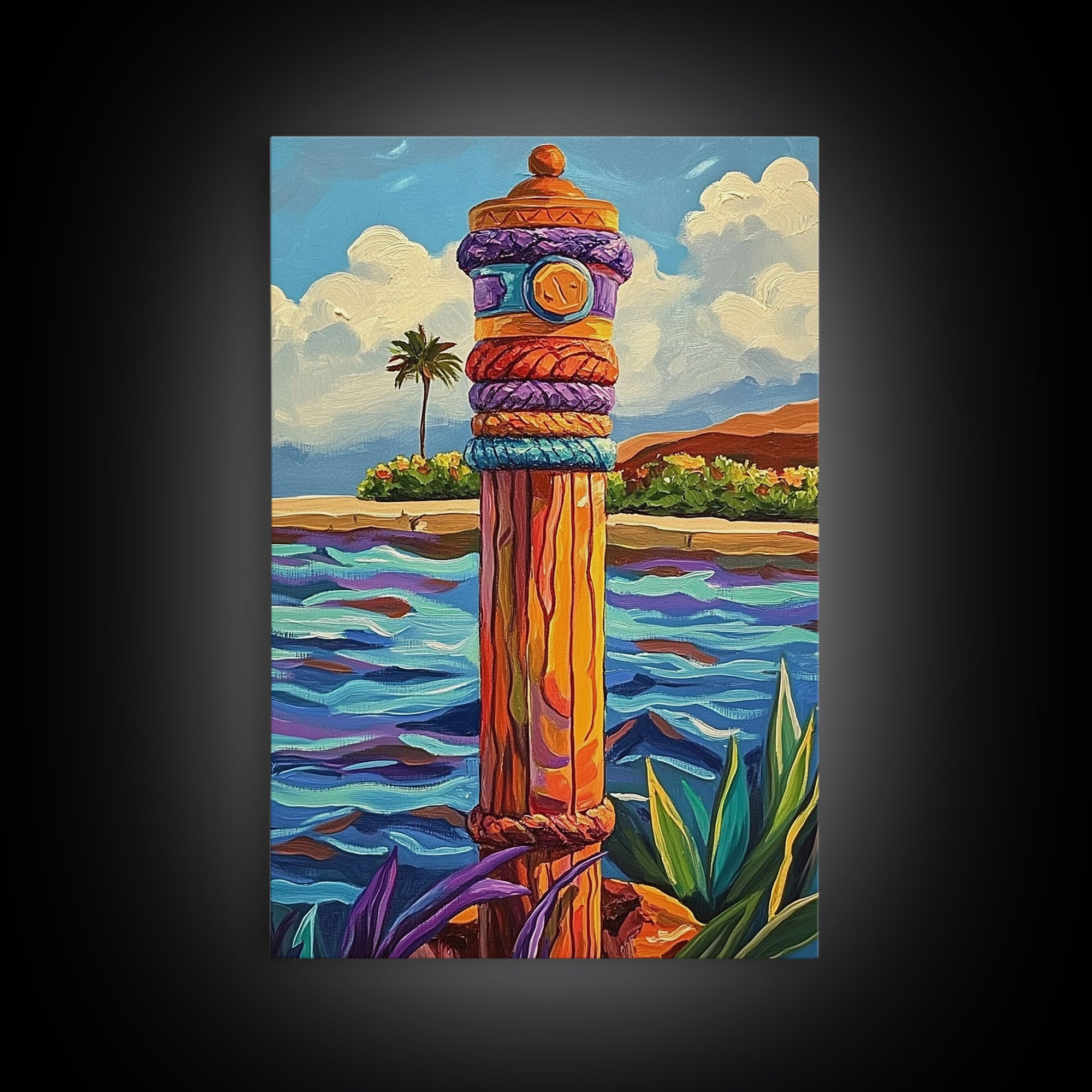 Nautical Pole Art, Tropical Shoreline Decor, Canvas Print, Coastal Boho Wall Art, Bathroom Beach Theme, Island Inspired Design