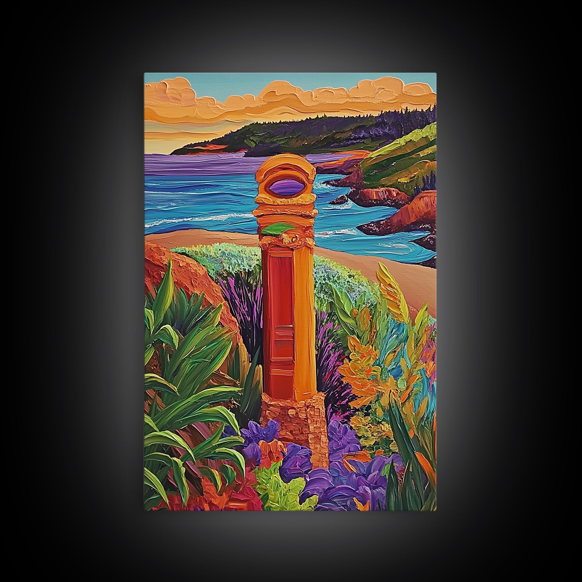 Coastal Landmark Art, Beach Garden View, Framed Canvas Print, Vibrant Landscape Wall Art, Sunroom Decor, Bright Coastal Scene